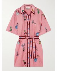 ALÉMAIS - Nadia Hernandez Timmy Belted Embroidered Printed Linen Mini Shirt Dress - Lyst