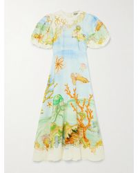 ALÉMAIS - Sam Pauletto Emerald Cove Gathered Printed Linen-Gauze Midi Dress - Lyst