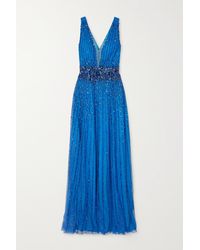Jenny Packham Sissy Kleid Aus Tüll In Glitter-optik Und Satin Mit Verzierungen - Blau