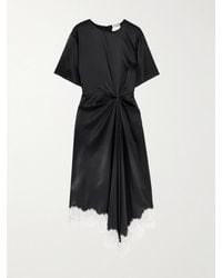 STAUD - Sonoma Asymmetric Gathered Lace-Trimmed Silk-Blend Satin Midi Dress - Lyst