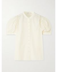 FRAME - Ruched Lace-Trimmed Silk Crepe De Chine Blouse - Lyst