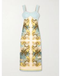 FARM Rio Delicate Flower Arabesques Linen Midi Dress in Yellow | Lyst