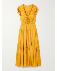 La Ligne - Pintucked Ruffled Satin Midi Dress - Lyst