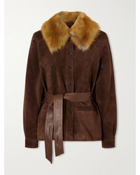Saint Laurent - Belted Shearling And Leather-Trimmed Suede Jacket - Lyst
