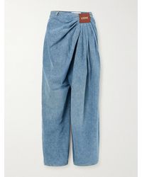 Loewe - Leather-Trimmed Draped Gathered High-Rise Wide-Leg Jeans - Lyst