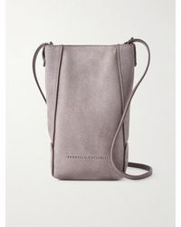 Brunello Cucinelli - Embellished Leather-Trimmed Suede Pouch - Lyst