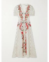 Saloni - Lea Polka-Dot Floral-Print Silk-Jacquard Midi Dress - Lyst