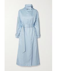 Ferragamo Belted Leather-paneled Silk-twill Trench Coat - Blue