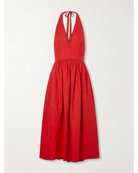 STAUD - Grazia Gathered Linen Midi Dress - Lyst