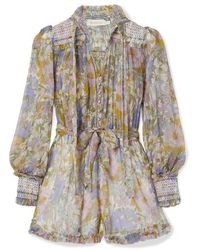 Zimmermann Super Eight Smocked Ruffled Floral-print Silk-chiffon Playsuit - Multicolor