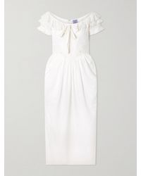 Thierry Colson - Falbala Off-The-Shoulder Bow-Detailed Ruffled Pleated Embroidered Cotton-Voile Midi Dress - Lyst