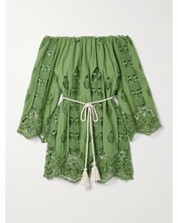 Miguelina - Mini-Robe Épaules Nues En Voile De Coton Et En Dentelle À Broderies Et À Ceinture Brigette - Lyst