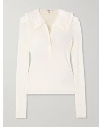 Chloé - Lace-Trimmed Ribbed Wool Polo Shirt - Lyst
