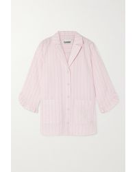 Ganni Ruffled Embroidered Striped Organic Cotton-seersucker Pajama Shirt - Pink