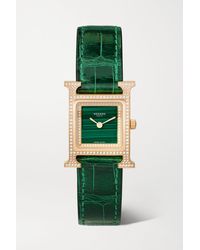 Hermès Montre En Or Rose 18 Carats (750/1000), Diamants Et Malachite À Bracelet En Alligator Heure H Small, 25 Mm - Vert
