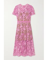 Self-Portrait - Grosgrain-trimmed Embroidered Satin And Guipure Lace Midi Dress - Lyst
