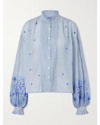 Thierry Colson - Slava Ruched Pleated Embroidered Cotton-Voile Shirt - Lyst