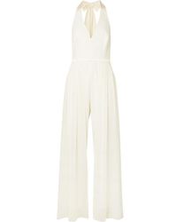 Halston Combi-pantalon Dos Nu En Crêpe Et En Mousseline À Finitions En Satin Et À Superpositions - Blanc