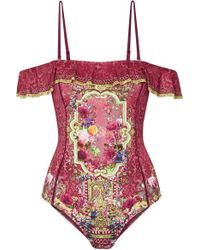 Camilla Schulterfreier Badeanzug Mit Print, Volant Und Verzierungen - Mehrfarbig