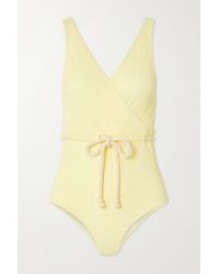 Lisa Marie Fernandez + Net Sustain Yasmin Belted Wrap-effect Seersucker Swimsuit - Yellow