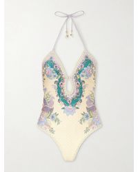Zimmermann - Indra Floral-Print Crochet-Trimmed Swimsuit - Lyst