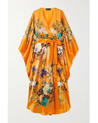 Meng Belted Floral-print Silk-satin Robe - Orange