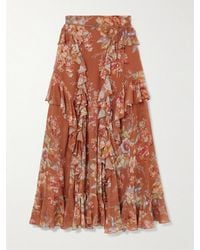 Zimmermann - Jupe Longue En Crêpe De Chine De Coton Et De Soie Mélangés À Imprimé Fleuri, Volants Et Ceinture Awaken - Lyst