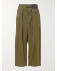 Loewe - Belted Leather-Trimmed Pleated Cotton And Silk-Blend Pants - Lyst