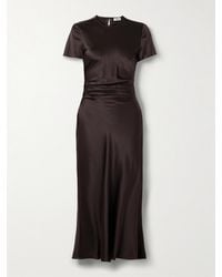 STAUD - Marcel Ruched Stretch-Silk Charmeuse Midi Dress - Lyst