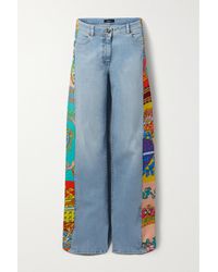 Versace Printed Twill-trimmed Low-rise Wide-leg Jeans - Blue