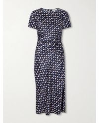 STAUD - Marcel Printed Ruched Silk-Blend Satin Midi Dress - Lyst