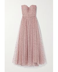 Monique Lhuillier Strapless Flocked Tulle Midi Dress - Pink