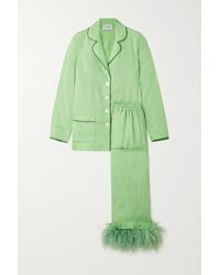 Sleeper Feather-trimmed Crepe De Chine Pyjama Set - Green