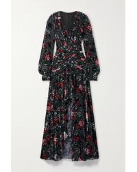 PATBO Robe Du Soir En Velours Dévoré À Imprimé Fleuri, À Volants Et À Fronces - Noir