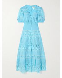 Saloni - Lea Paneled Pintucked Lace And Cotton-Voile Midi Dress - Lyst