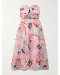 Rebecca Vallance - Strapless Gathered Floral-Print Silk-Organza Midi Dress - Lyst
