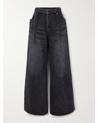 Sacai Mixed Media Belted Wide Leg Jeans in Blue | Lyst