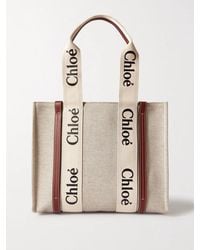 Chloé - Woody Medium Leather And Webbing-Trimmed Linen Tote - Lyst