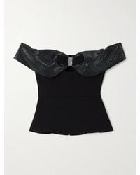 Self-Portrait - Off-The-Shoulder Bow And Crystal-Embellished Crepe Top - Lyst