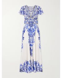 CAMILLA - Embellished Printed Ruffled Silk-Crepe Midi Dress - Lyst