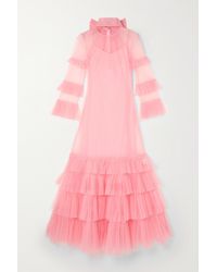 Huishan Zhang Elisha Tie-detailed Tiered Silk-tulle Gown - Pink