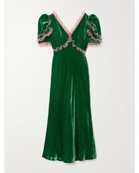 Saloni - Anais Ruffled Tulle-Trimmed Velvet Midi Dress - Lyst