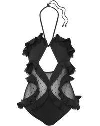 Zimmermann Allia Cutout Ruffled Swiss Dot Tulle-paneled Swimsuit - Black