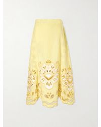 FARM Rio - Striped Broderie Anglaise-Trimmed Linen-Blend Midi Skirt - Lyst