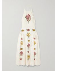 Agua Bendita - Balsa Faux Pearl-Embellished Embroidered Linen Halterneck Midi Dress - Lyst