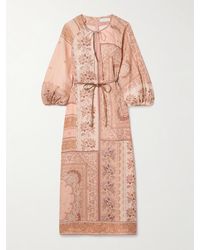 Zimmermann - Lucky Leather-Trimmed Belted Paisley-Print Linen Midi Dress - Lyst