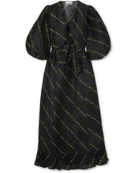 Ganni Printed Linen And Silk Midi Dress - Black