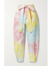 LoveShackFancy Tao Cropped Belted Tie-dyed Cotton-blend Twill Tapered Pants - Yellow