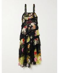 CAMILLA - Asymmetric Crystal-Embellished Lace-Trimmed Floral-Print Silk-Crepon Midi Dress - Lyst