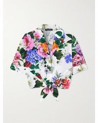Dolce & Gabbana - Knotted Cropped Floral-Print Cotton-Poplin Shirt - Lyst